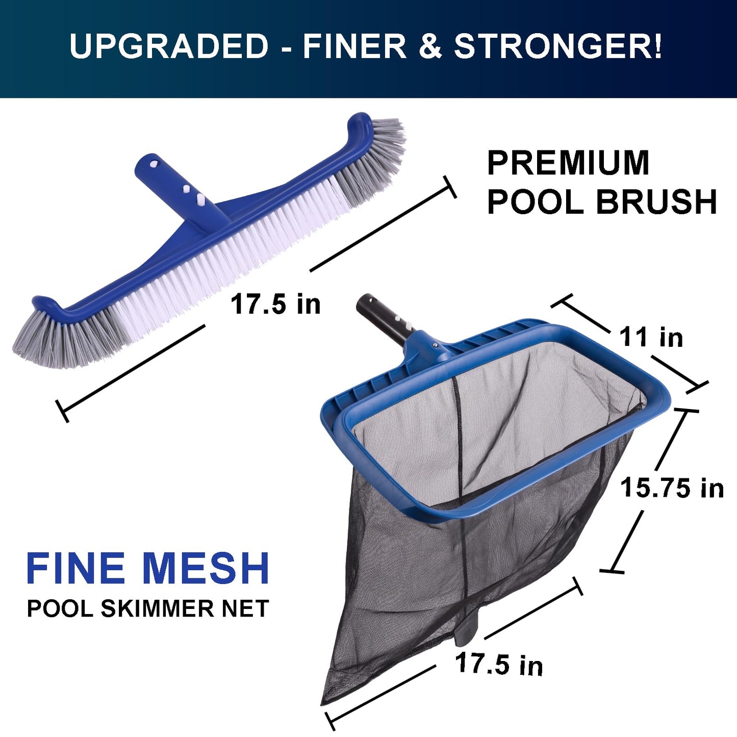 Fine Mesh Pool Net & Brush Head Combo - Sturdy Skimmer with 17.5" Professional Brushes for Pool Wall Cleaning