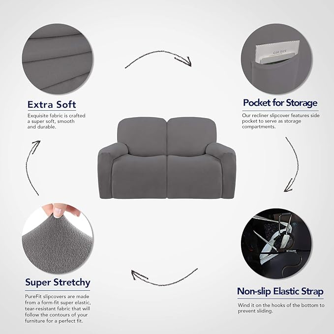 PureFit Super Stretch Loveseat Recliner Sofa Couch Cover with Pocket – 2 Seats Non Slip Soft Sofa Slipcover, Washable Reclining Furniture Protector for Pets (Recliner Loveseat, Light Gray)