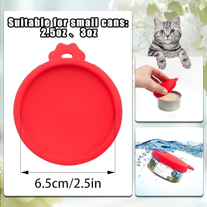 PINE & LINEN 4 Pcs 2.5inch Durable Pet Can Lids, Silicone Small Pet Can Covers Waterproof Cat Food Cans Lids for 3 oz Cat Food Cans（Red）