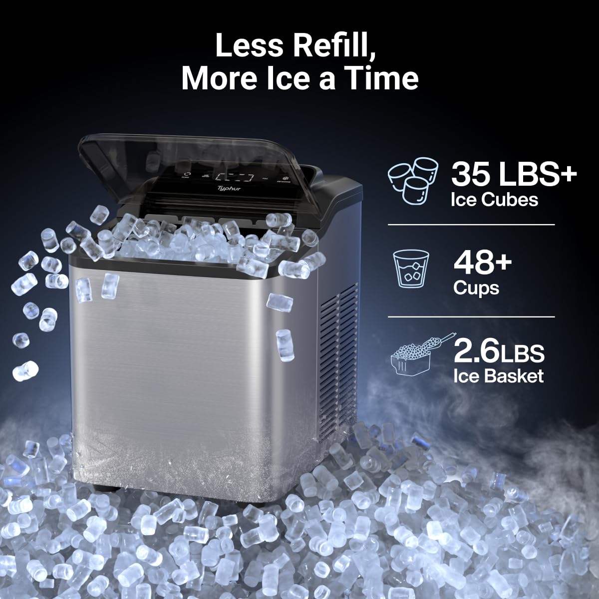 Typhur Fast Nugget Ice Maker Countertop with Self-Cleaning Pump, 35lbs/24H Crushed Pebble Ice Machine with Pellet Ice, 8 Packs Cleaner, Dual Ice Scoops for Home, Kitchen, Party, RV, Stainless Steel