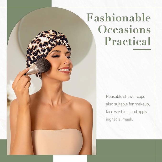 Reusable Shower Cap for Women, Large Waterproof Shower Bonnet with Elastic Band, Washable Bath Hair Cap for Long, Curly Hair, Braids, Daily Shower, Home Spa, Travel(Leopard)