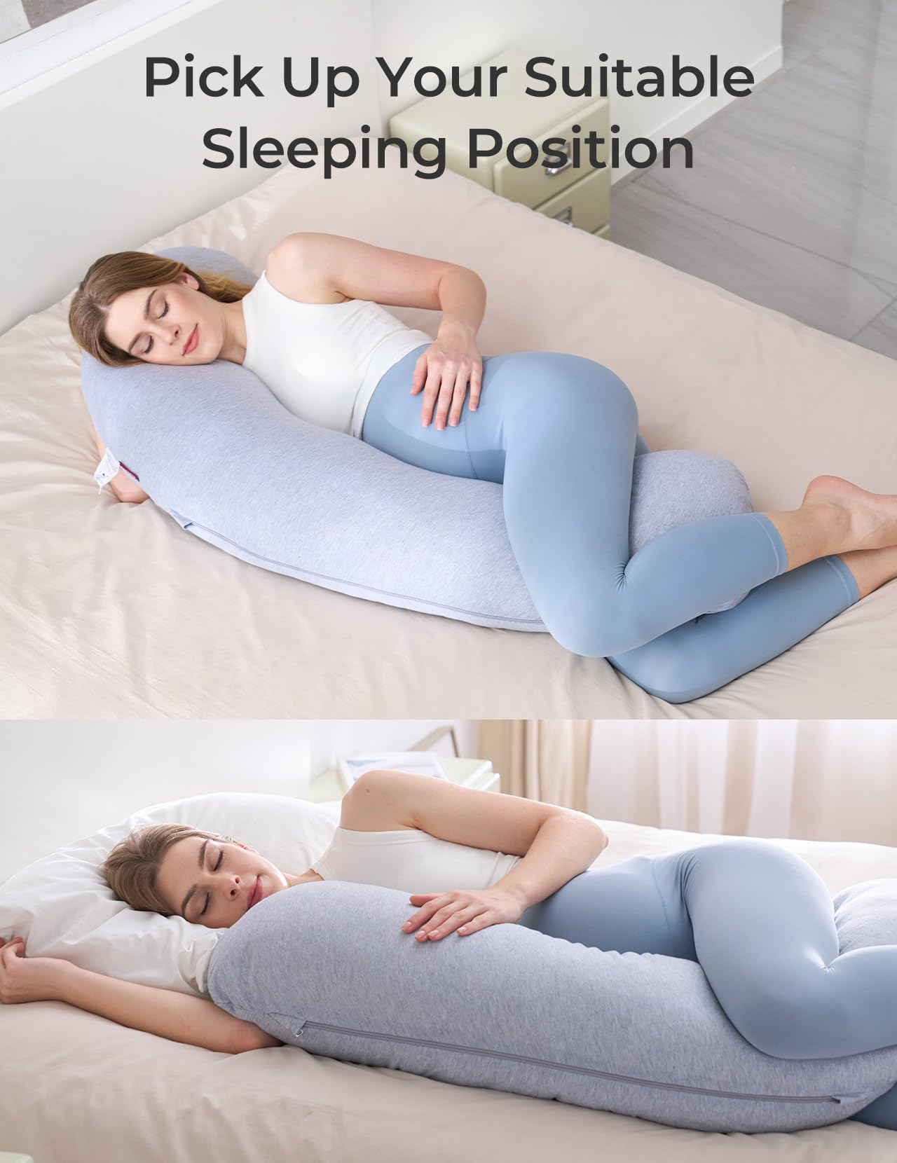 Momcozy Pregnancy Pillows for Side Sleeping, J Shaped Maternity Body Pillow for Pregnancy, Soft Pregnancy Pillow with Jersey Cover for Head Neck Belly Support, Grey