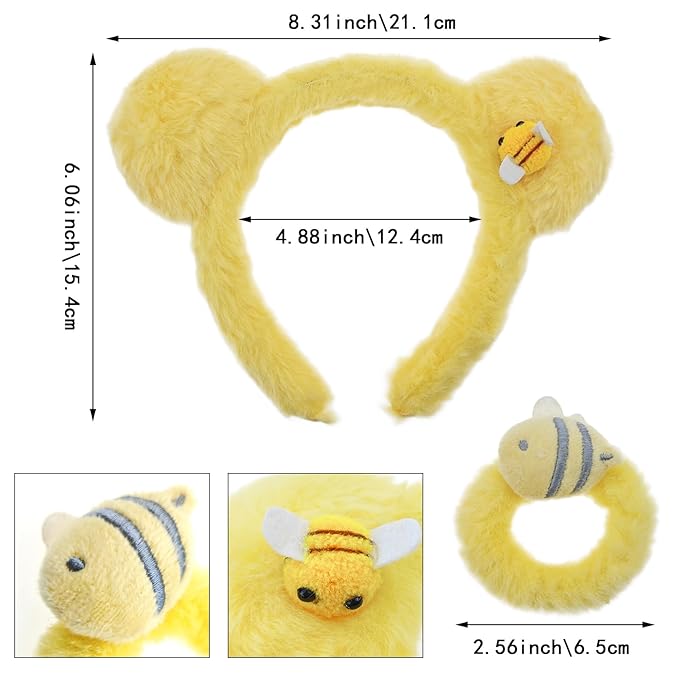 Yellow Plush Bear Ears Headband and Hair Ties, 2-Piece Spa Headband & Wristband Set, Soft Towels Washbands Elastic Plush Bear Spa Hairband, Ponytail Holders