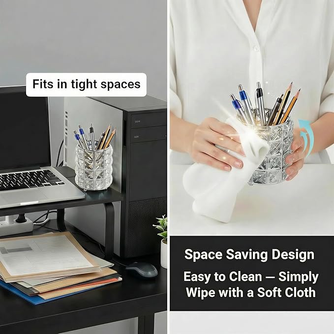 YAGELI Crystal Pen Holder for Desk, 3.58" Gold/Silver Pencil Cup, Elegant Office Desk Accessories for Women, Modern Home Office Decor, Teacher Gift - Compact Vanity Makeup Brush Organizer(Silver)