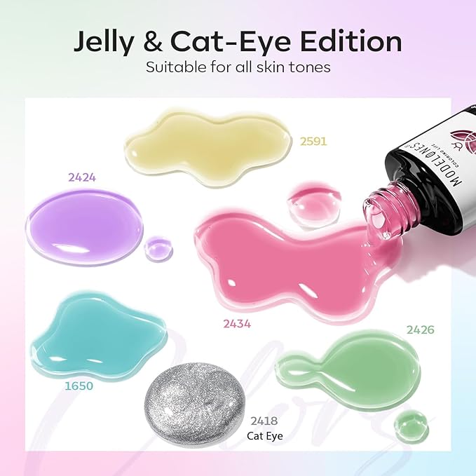 modelones Gel Nail Polish Set, 6 Colors 2026 Spring Summer Silver Cat Eye Gel Polish Translucent Pastel Sheer Pink Yellow Lavender Purple Baby Blue Mint Green Jelly Nail Polish W Magnet LED DIY Gift