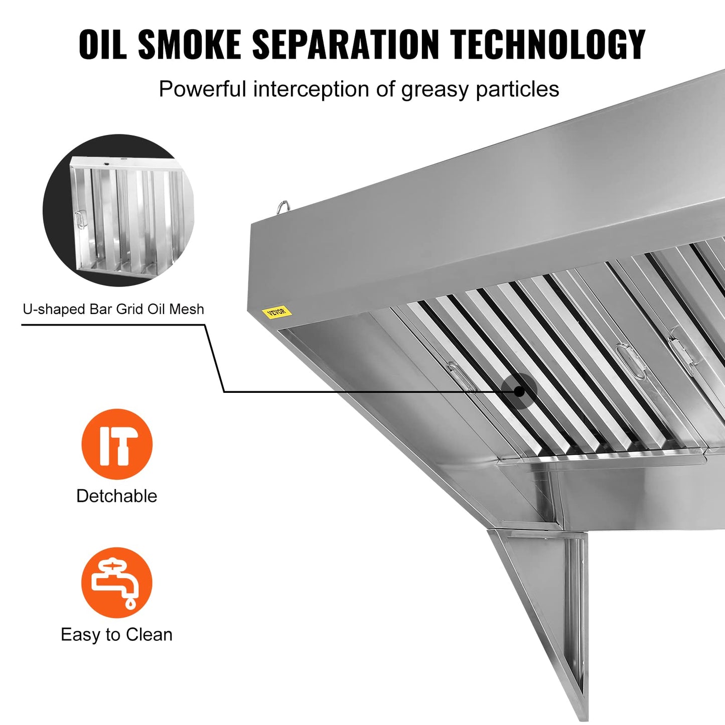 VEVOR Commercial Exhaust Hood, 6FT Food Truck Hood Exhaust, 201 Stainless Steel Concession Trailer Hood with 3 Detachable U-shaped Grid Oil Filter Mesh, Rust Resistant Vent Hood for Kitchen Restaurant