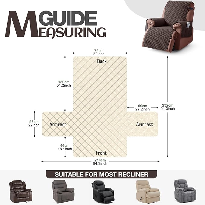 KinCam 100% Waterproof Recliner Chair Cover, Reclining Couch Covers for Pets, Dogs, Recliner Couch Slipcover Furniture Protector with Elastic Straps for Kids(30", Chocolate)