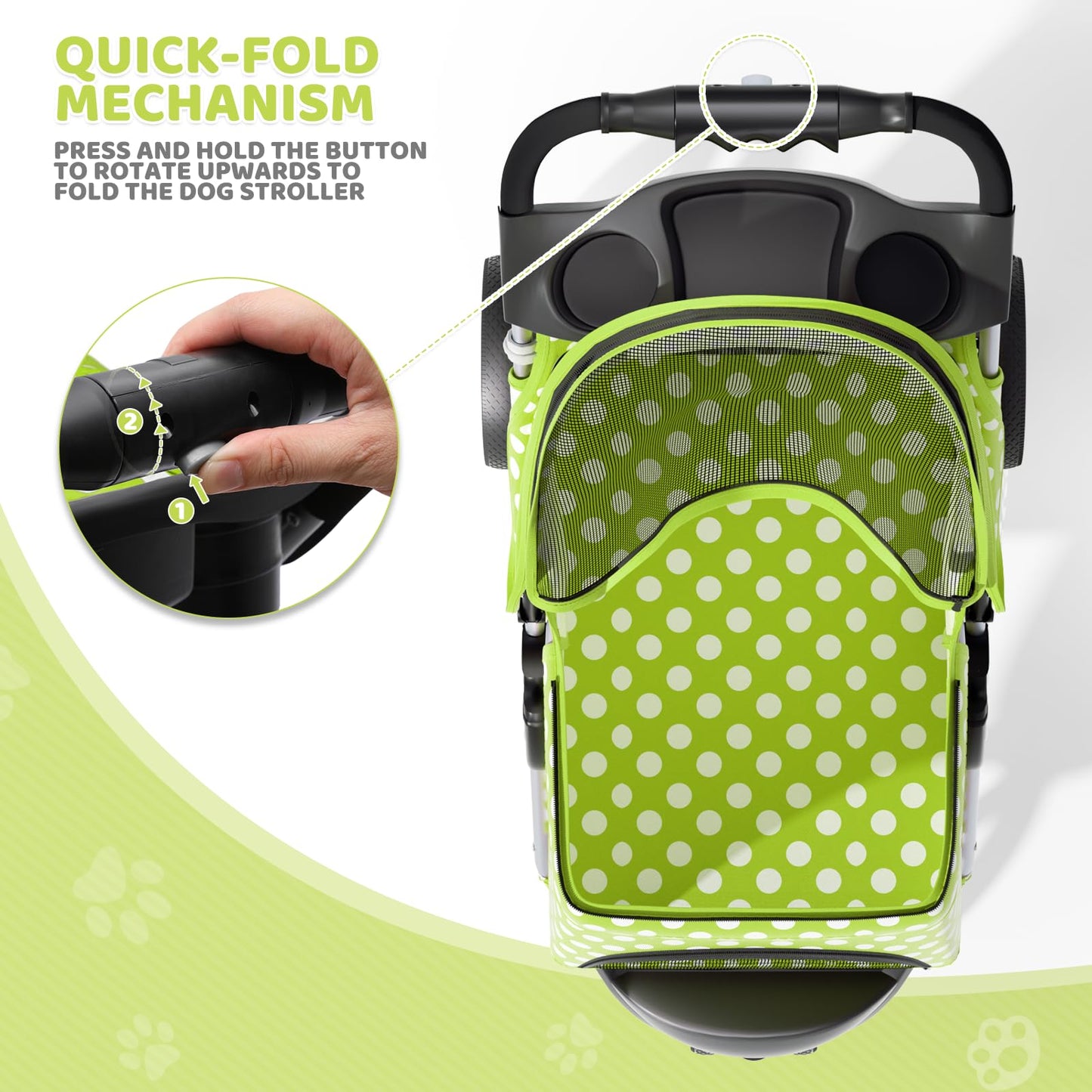 Magshion 3-Wheel Pet Stroller, Foldable Travel Jogger for Small & Medium Dogs & Cats (Up to 33lbs), Lightweight Carrier with Breathable Mesh Cover, Cup Holder & Storage Basket, Lawn Green Polka Dots