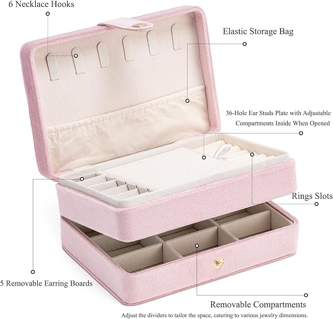MODENGKONGJIAN Jewelry Organizer Box, 2-Layer Large Jewelry Storage Case, Portable Travel Jewelrys Display Holder for Earrings, Necklaces, Bracelets (Pink,Velvet)