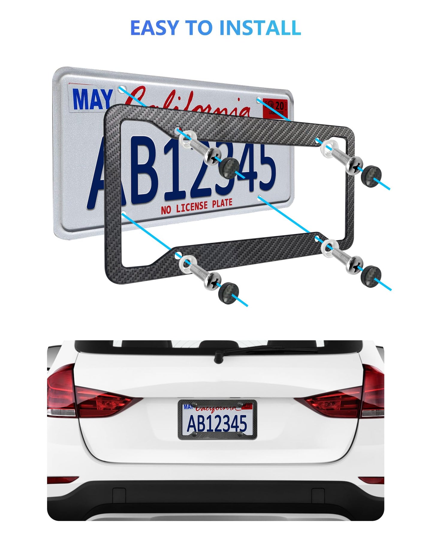 Carbon Fiber License Plate Frames- Black Carbon Pattern Aluminum Front & Rear Car Tag Holder Cover 2 Pack with Mount Hardware, Screws, Caps, Handlebar Stickers
