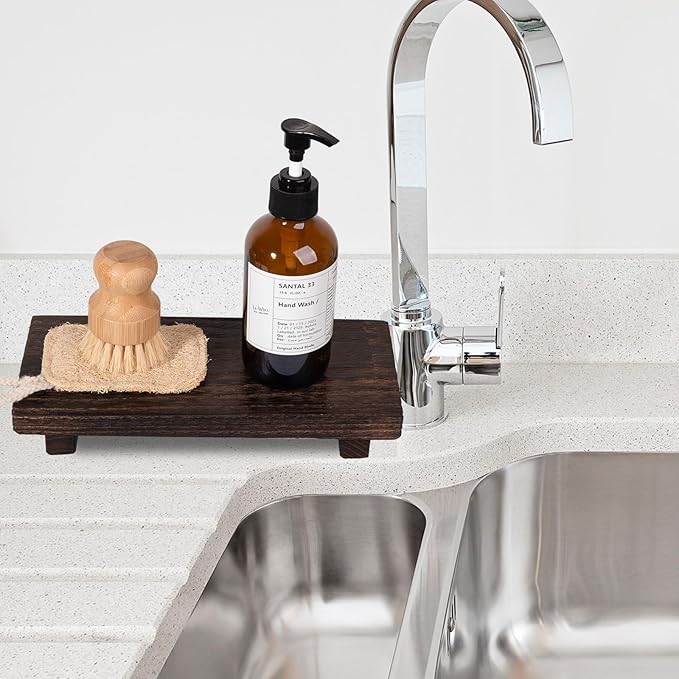 zoocatia Small Wood Tray Pedestal Stand Farmhouse Bathroom Decor Decorative Wooden Riser Kitchen Soap Dish Holder for Vanity, Counter, Sink, 10" x 4.5" - Drak Brown