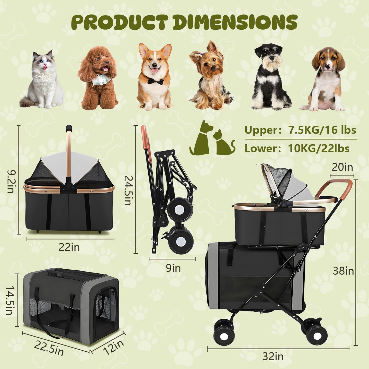 Beuway Double Pet Stroller for Dogs and Cats - Dog Stroller Foldable Travel Carriage with Detachable Carriers, Safety Belts, and 4 Lockable Wheels for Small to Medium Pets (Black)
