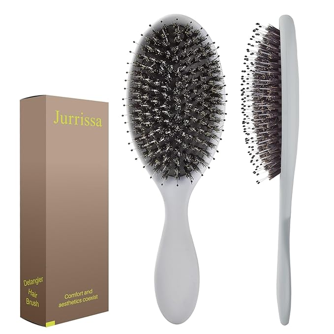 Boar Bristles Hair Brush for Women and Men, Detangling Hair Brush for Smoothing Massage Add Shine, Nylon&Boar Bristles Detangler brush for Hair Healthy (1 Pack-Grey)
