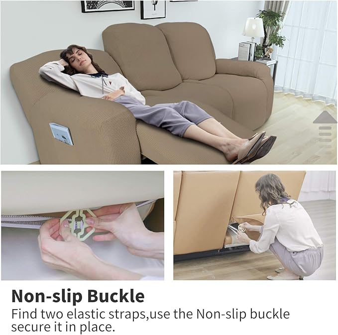 Easy-Going 6 Pieces Recliner Loveseat Stretch Sofa Slipcover Sofa Cover Furniture Protector Couch Soft with Elastic Bottom Kids, Spandex Jacquard Fabric Small Checks Natural