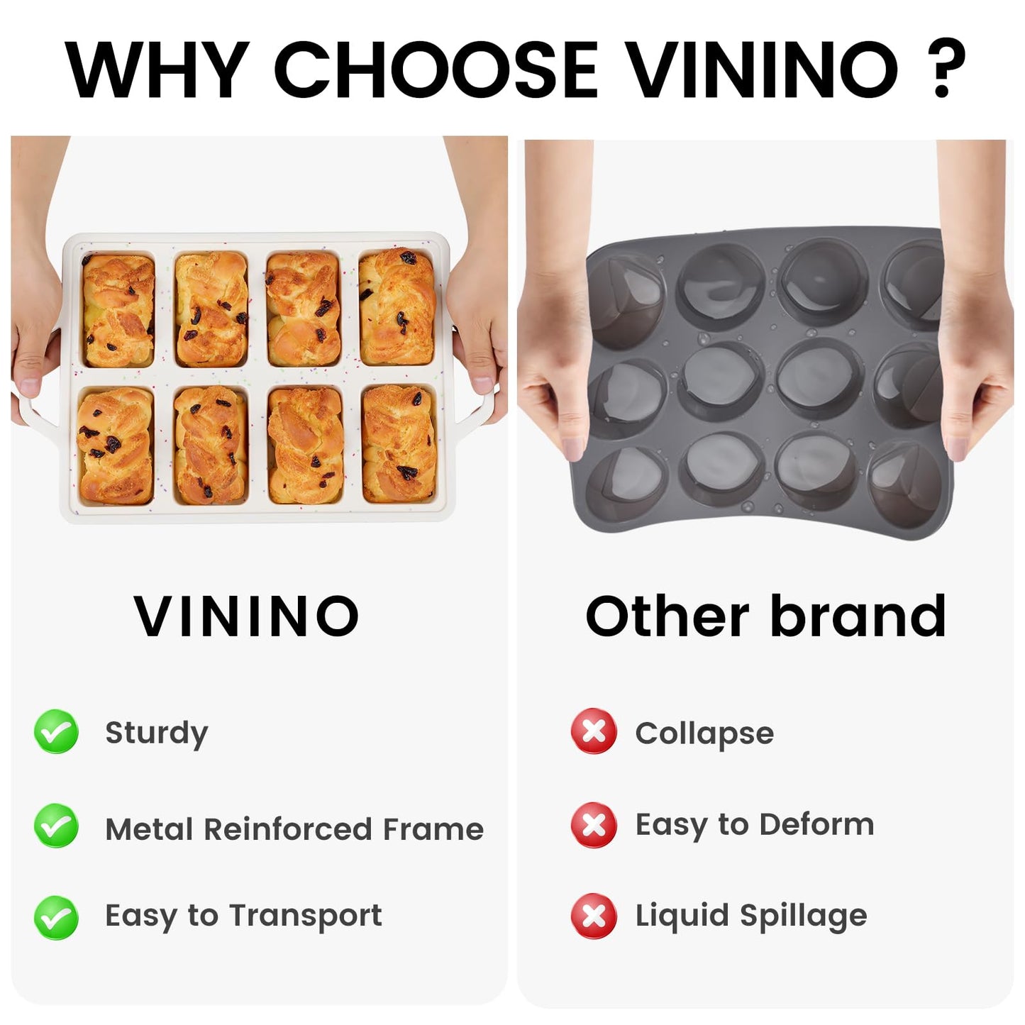 Vinino Silicone Mini Loaf Pans with Metal Reinforced Frame-2 Pack, Non-stick Silicone Bread Pan for Baking 8-Cavity, Tiny Banana Bread Set, Dishwasher Safe Brownie Pan-Cream