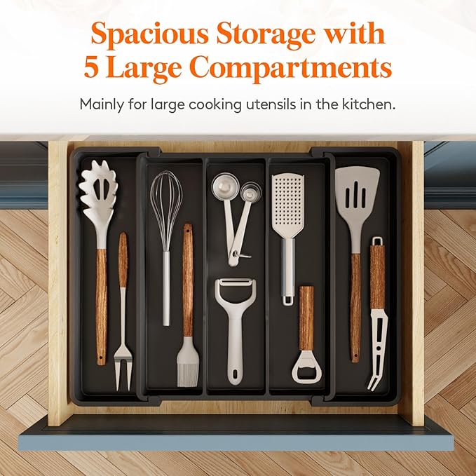 Lifewit Utensil Organizer for Kitchen Drawers, Expandable Cooking Utensil Tray, Adjustable Cutlery Silverware Flatware Holder, Plastic Spatula Tools Storage Divider, 11-18 x 14", Black