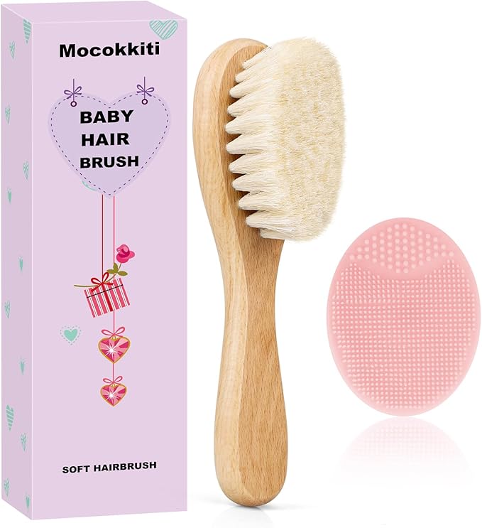 Baby Hair Brush and Pink Cradle Cap Brush Set for Newborns and Toddlers, Wooden Baby Hair Brush Set with Soft Goat Bristle, Baby Hair Care Kit (2PCS)