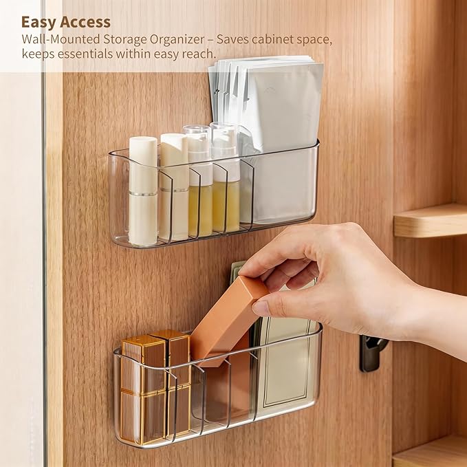 PAVSTINE 2 Pack Adhesive Medicine Cabinet Organizer, Clear Wall Mounted Makeup Storage Shelves for Bathroom Vanity, No Drilling Narrow Organizers for Door Cabinet, 5 Compartment