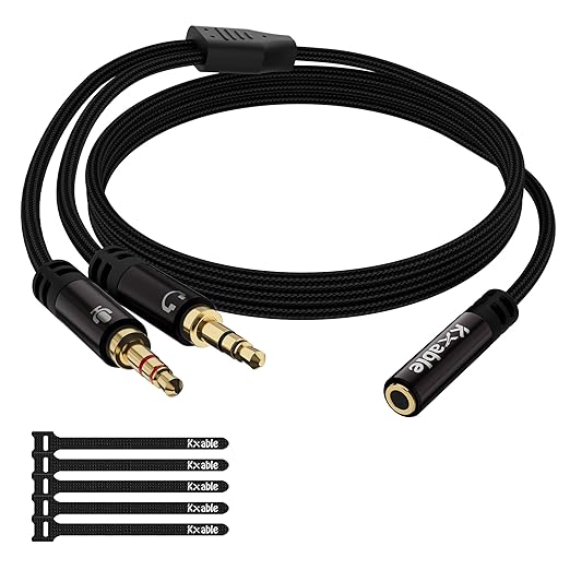 Kxable Headphone Splitter for Computer, 3.5mm Female to Dual 3.5mm Male Audio Splitter Cable, Stereo Jack Earphones Headset to PC Laptop Adapter, 1/8inch 2-in-1 Y Separator Aux Dongle Converters, 2FT