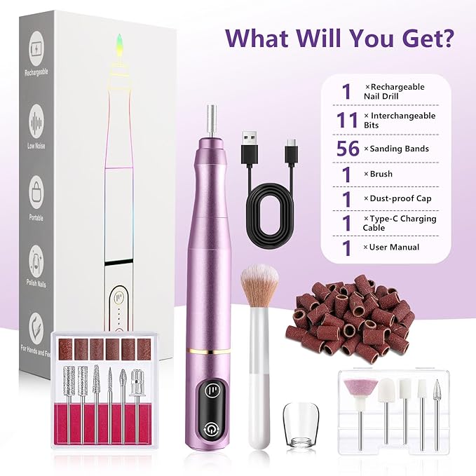 Cordless Nail Drill Electric Nail File Kit, Rechargeable Efile Set, Portable Acrylic Gel Nail Polish Remover Machine, Pedicure Manicure Tool, 11 Bits, 56 Sanding Bands, Salon Home, Purple