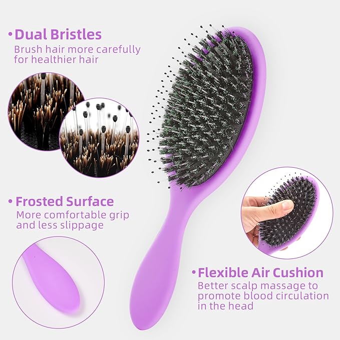 Boar Bristles Hair Brush for Women and Men, Detangling Hair Brush for Smoothing Massage Add Shine, Nylon&Boar Bristles Detangler brush for Hair Healthy (1 Pack-Purple)