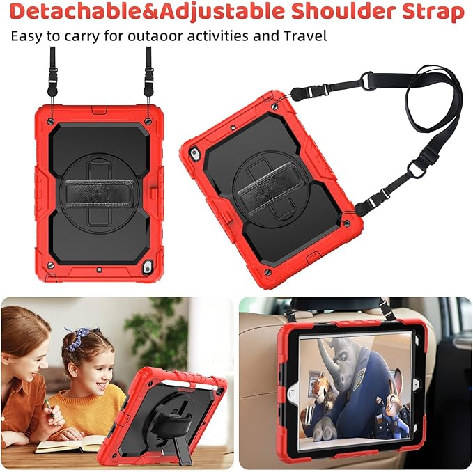 BLOSOMEET Case for iPad 9th Generation 8th Generation 2021 2020 10.2 Inch with Tempered Glass Screen Protector & Pencil Holder, Kids iPad 10.2 7th Gen Cover 2019 w/Stand Hand Shoulder Strap,Red