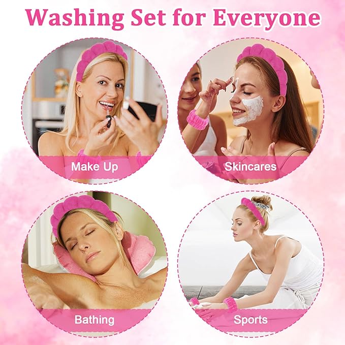 7Pcs Puffy Spa Set: Terry Cloth Headband, Wristbands, Scrunchies, Powder Puffs, and Sponges for Skincare, Face Washing, and Makeup Removal - Rose