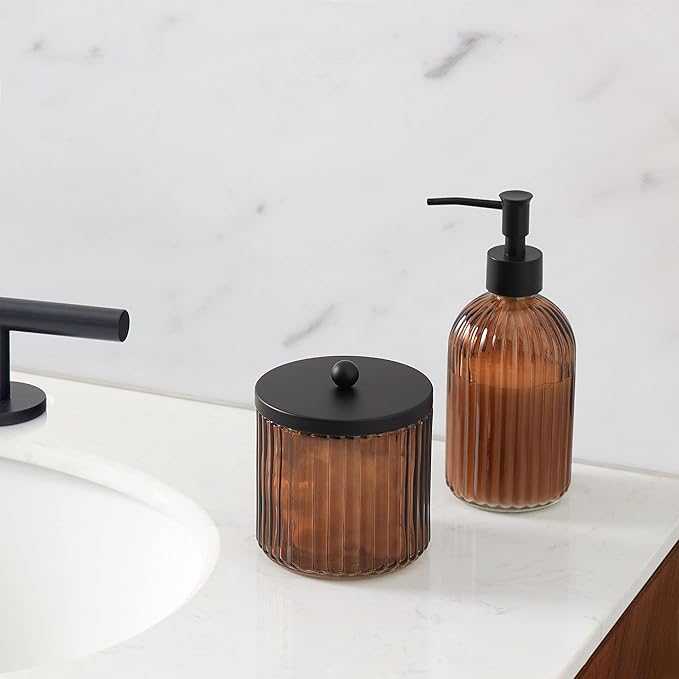 KMwares 2-Pack Glass Qtip Holder Dispenser Set for Cotton Ball, Swab, Round Pads, Floss Picks with Matte Black Metal lid - Bathroom Canister Storage Organization and Vanity Makeup Organizer (Brown)