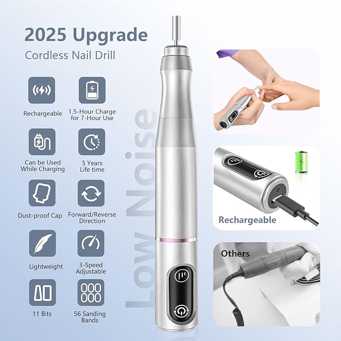 Cordless Nail Drill Electric Rechargeable File Kit, Professional Efile Acrylic Gel Nail Polish Remover Pedicure Manicure Machine Portable Set with 11 Bits 56 Sanding Bands for Salon Silver
