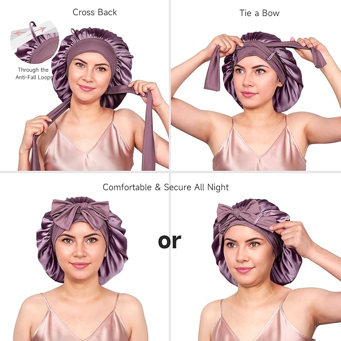 YFONG 100% 22 Momme Mulberry Silk Bonnet for Sleeping Women, Larger Double Layer Silk Hair Wrap for Curly Short Long Hair, Non-Slip Sleep Cap Turban with Elastic Tie Band for Hair Care, Deep purple