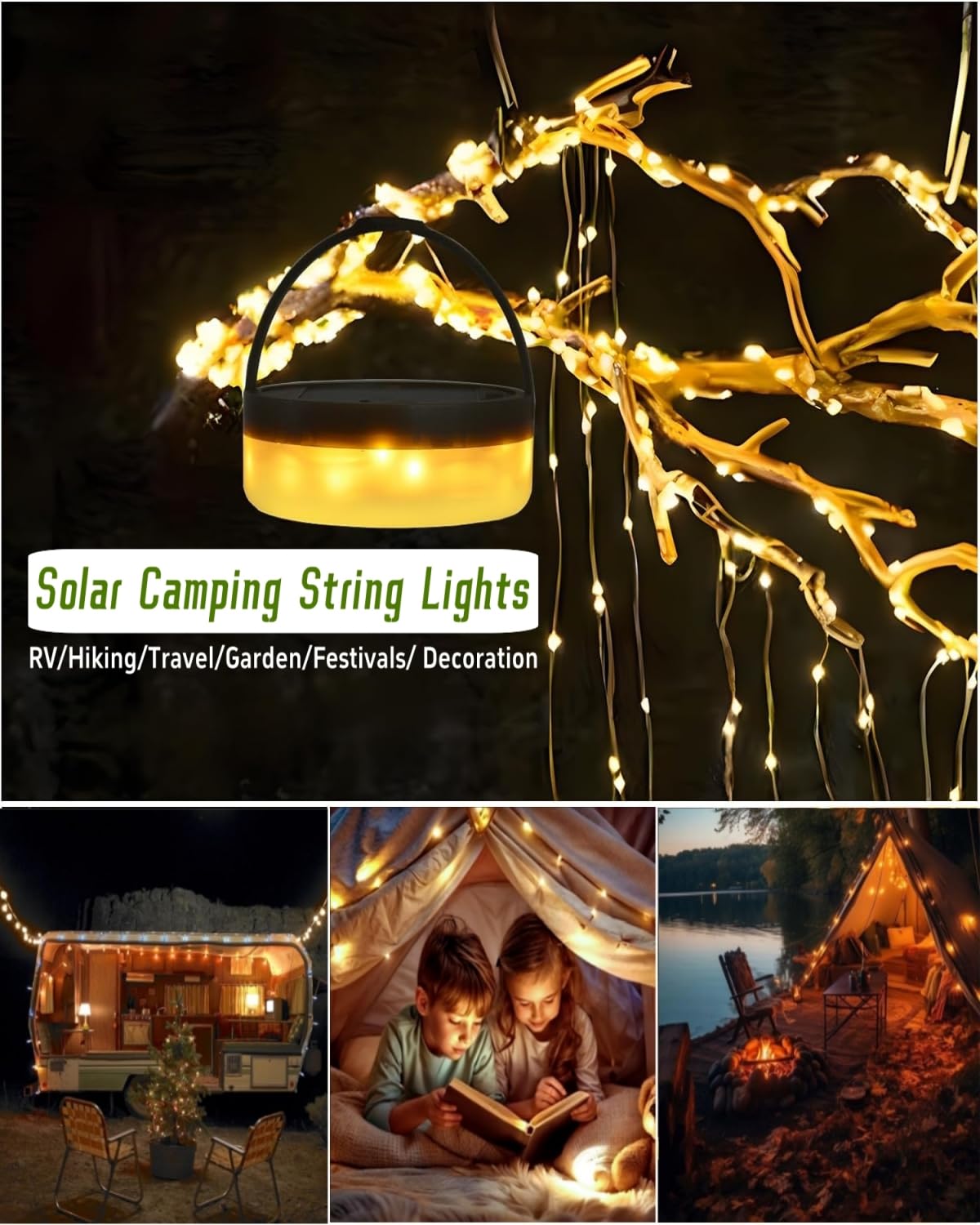 Solar Camping String Lights, 4 in 1 Fairy String Lights, Portable Waterproof Camp Lamp with 8 Lighting Modes, Hanging Rechargeable Tent Lantern for Christmas Decorations Patio Party Essentials-39.4 FT