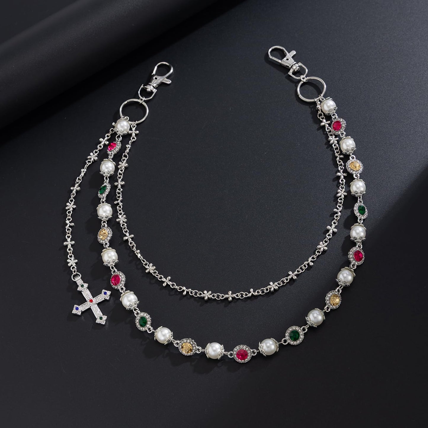 Fashion Layered Pants Wallet Chains - Exquisite Gold Silver Rhinestone Flower Pearl Jean Pocket Chain for Women Men Cute Bag Purse Charms Jewelry (silver link round)