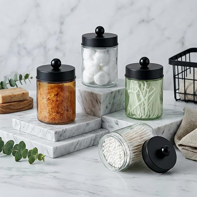 Amolliar 4 Pack Apothecary Jars Bathroom Vanity Storage Organizer Set -Countertop Canister with Stainless Steel Lids &Stickers Qtip Dispenser Holder for Cotton Swab (Green-golden Lid)