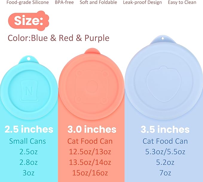 2.5''(2 Packs) + 3.0''(2 Packs) + 3.5''(2 PCs) Silicone Canned Food Can Lids, Pet Food Can Covers, Airtight and Reusable, Dishwasher Safe (Variety 6 PCs)