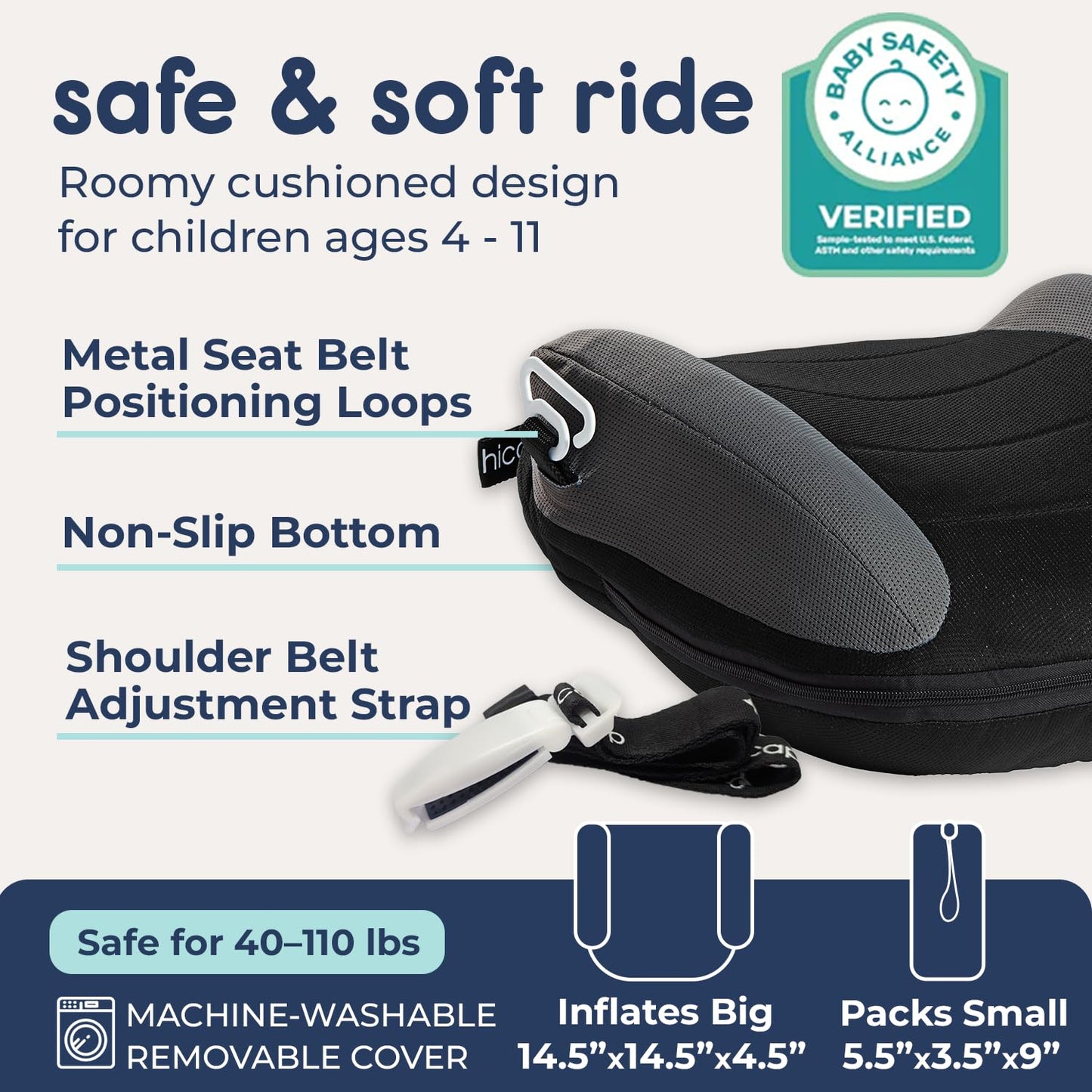 Hiccapop UberBoost Inflatable Booster Car Seat | Blow up Narrow Backless Booster Car Seat for Travel | Portable Booster Seat for Toddlers, Kids, Child | Black/Gray