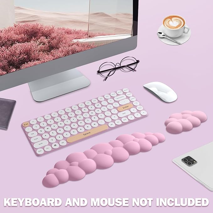 Cloud Keyboard Wrist Rest Pad Set, Enlarge PU Leather Memory Foam Cushion Support, Easy Typing Pain Relief, Mouse Rest Pad, Non-Slip Support for Home, Office, Pink