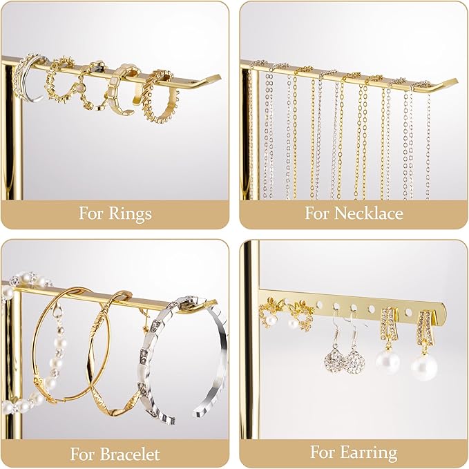 pickpiff Jewelry Stand Holder Organizer: 12.5" Sturdy Hanger for 80 Pcs Jewelry, Jewlery Tower for Display Necklace, Earring, Bracelet, Watch, Mirrored Gold
