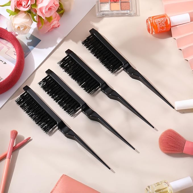 Yaomiao 6 Pcs Teasing Brush for Fine Hair Nylon Rat Tail Brush Set Women Three Row Salon Teasing Set for Back Combing, Root Hair Scalp Massage(Black)