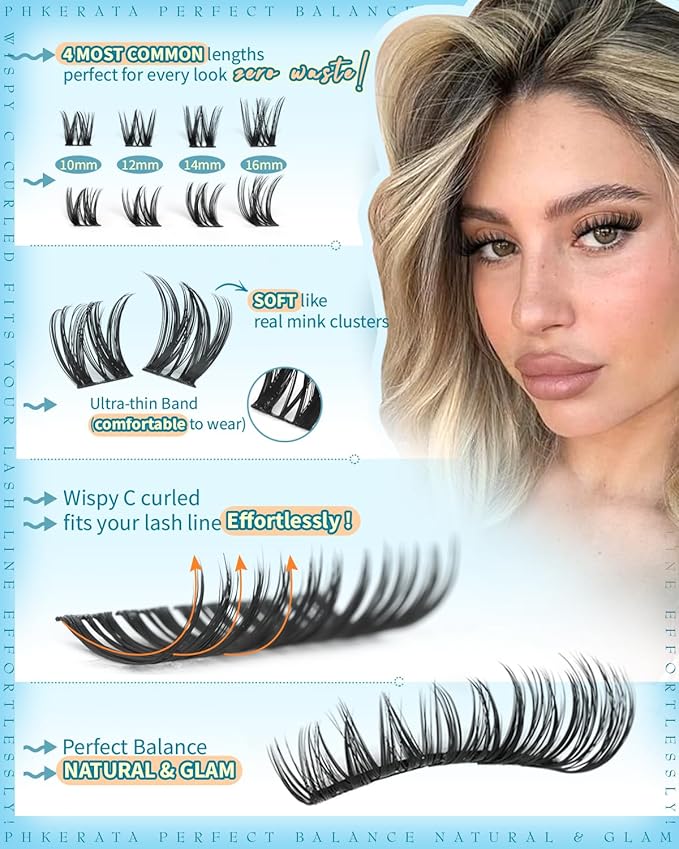 PHKERATA Flora Lash Clusters Wispy Eyelash Clusters 162pcs Natural Cluster Eyelash Extensions Ultra-thin Band Cluster Lashes C Curve Lash Extension DIY Soft Individual Lashes, 10-16mm