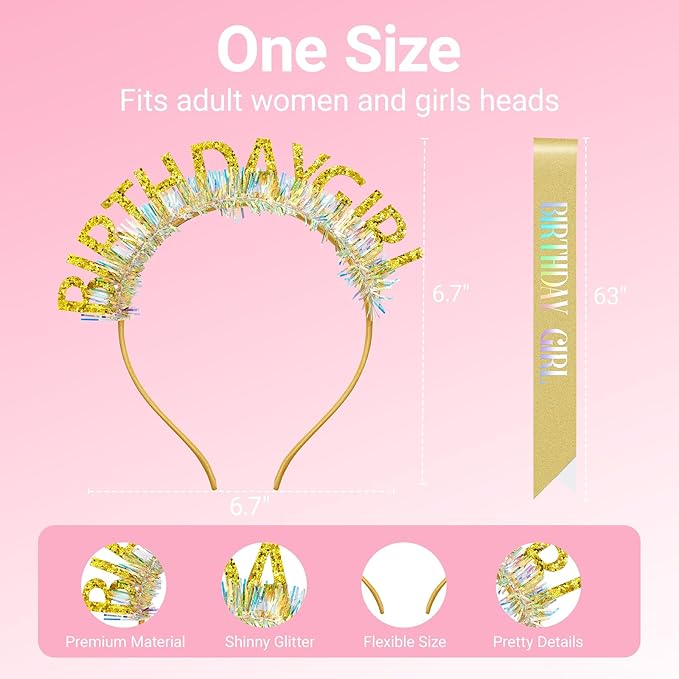 Birthday Headband with Sash for Women, Birthday Crwon Tiara for Decorations
