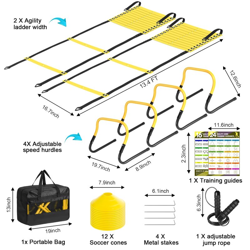 BORNEW 2 Pack Agility Ladder, Soccer Speed Training Equipment Set with Total 26 ft Agility Ladder, 12 Cones, 4 Adjustable Hurdles, Jump Rope, for Soccer, Basketball, Football, Kids, Youth, Adults