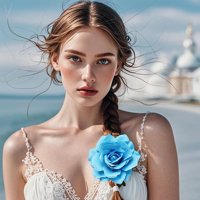 Rose Hair Clip Flower Hairpin Brooch Floral Clips, 4 Pcs Fabric Rose Flowers Hair Clips Mexican Hair Flowers Pin up Headpieces for Woman Girl Wedding Party Mother's Day (Light Blue)