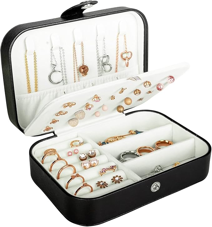Hatori Travel Jewelry Box, PU Leather Small Jewelry Organizer for Women Girls, Portable Mini Travel Case Display Storage Holder Boxes for Stud Earrings, Rings, Necklaces, Bracelets.