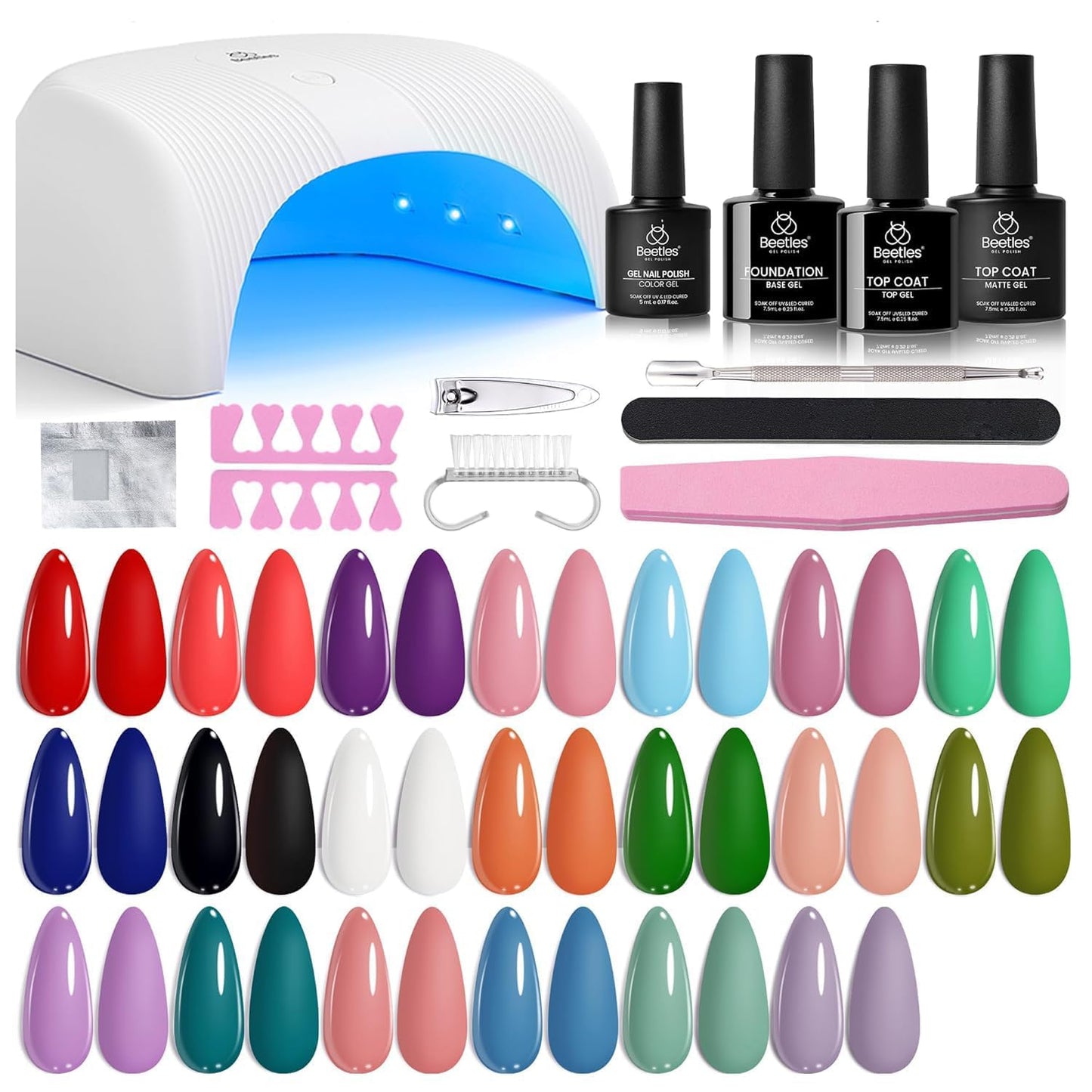Beetles Gel Nail Polish Set, 36 Colors Gel Polish Set Sparkle Red Pink Glitter Black Nail Kit Free Journey Collection with 3Pcs Base Top Coat Soak off Uv Gel Polish Manicure Kit