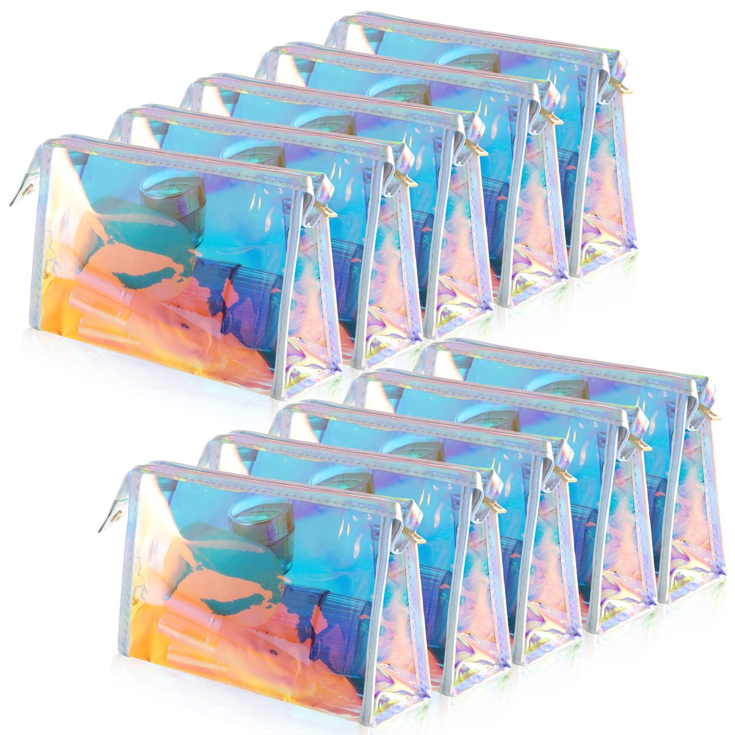 BESARME 10 Pcs Holographic Makeup Bags, Clear PVC Makeup Bag Iridescent Pouch Portable Zippered Toiletry Bag Waterproof Cosmetic Bags Stocking Stuffers for Women Girls Bathroom Vacation