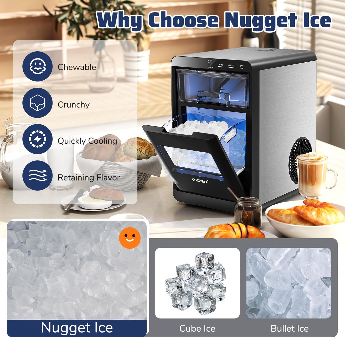 COSTWAY Countertop Nugget Ice Maker, 44 lbs/24H Chewable Sonic Ice Machine w/Self Cleaning, Ready in 6 Mins, Low Noise, Pull-Out Water Tank & Touch Control Panel for Home, Bar, Kitchen, RV