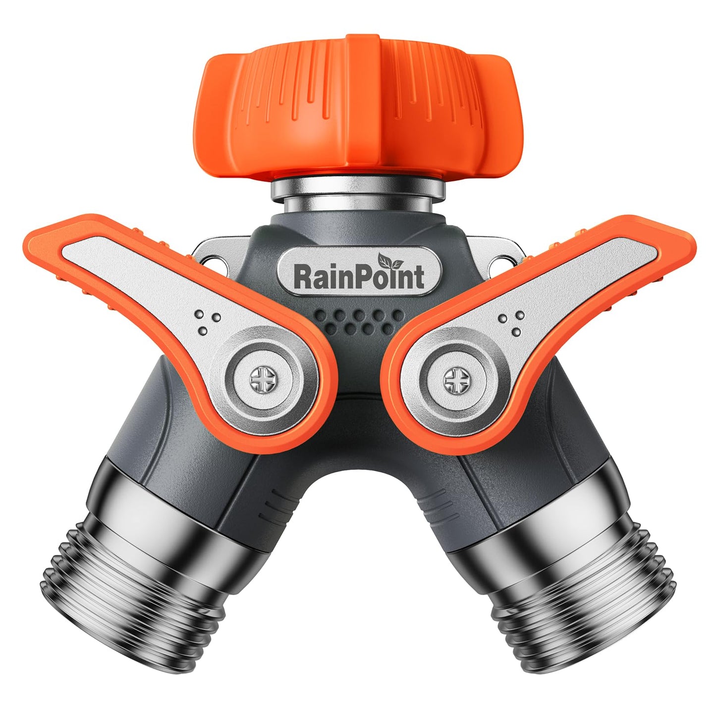 RAINPOINT Garden Hose Splitter, 2 Way Heavy Duty Water Hose Y Spigot Splitter with Shutoff Valves, 100% Metal Body Outdoor Faucet Splitter, 1.9" Extra Long Metal Handle, 3/4" GHT Thread (1, Orange)