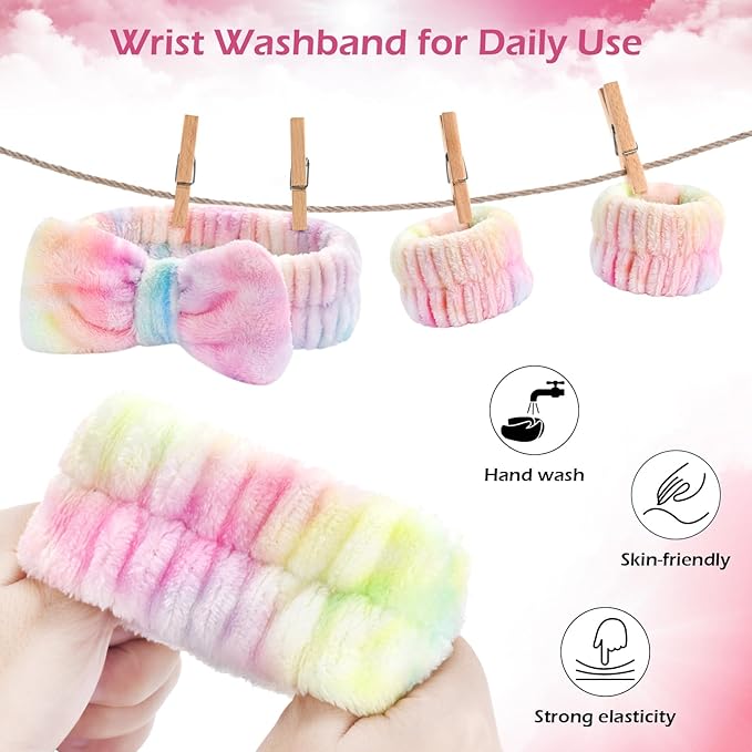 3PCS Spa Headband and Wristbands Set for Women, Soft Microfiber Face Wash Headband with Cute Bow, Elastic Absorbent Wrist Towels, Makeup Skincare Accessories for Facial, Shower, Yoga