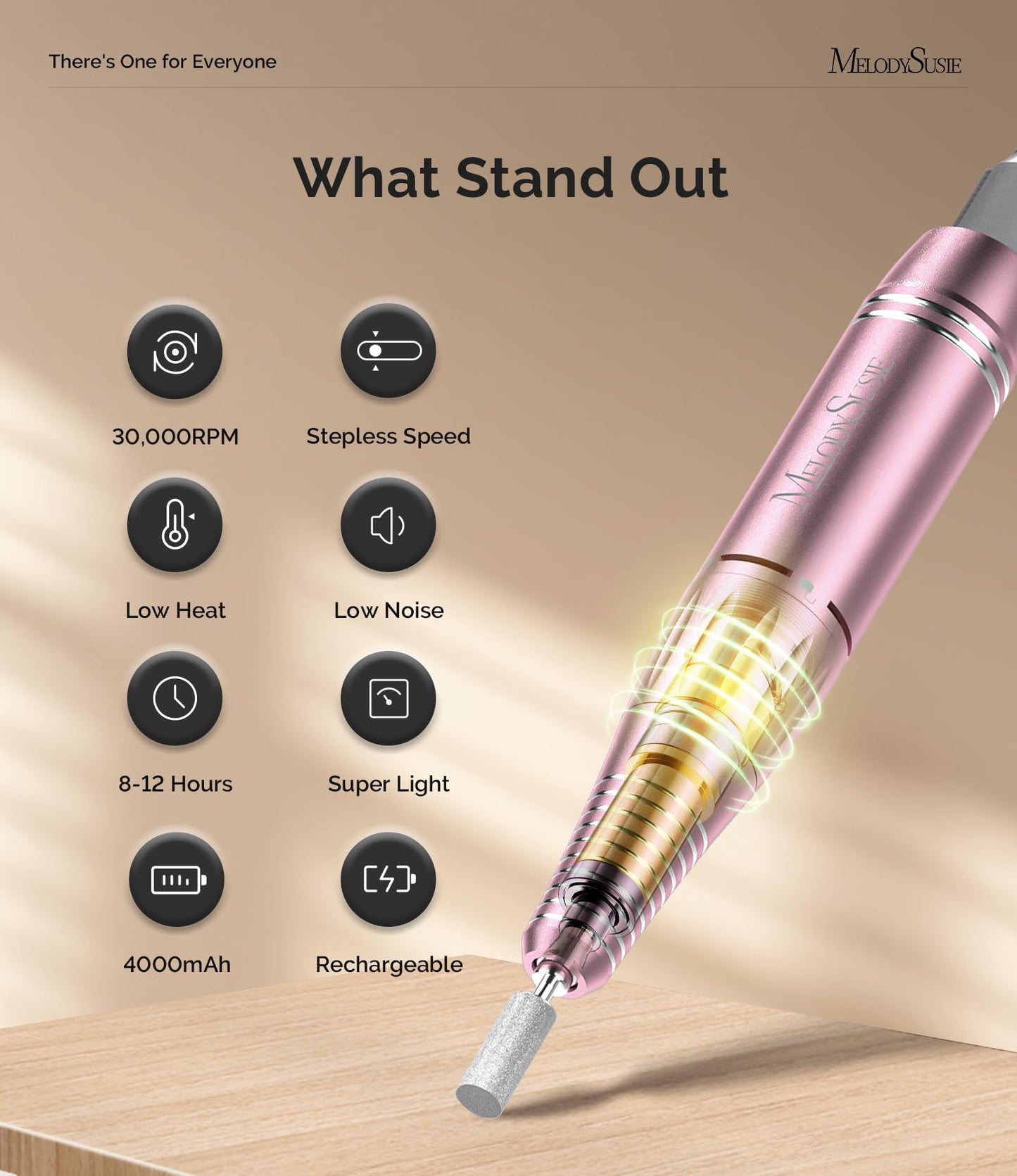 MelodySusie Entry-Level Clip-On Rechargeable Essential Nail Drill, SC300F 30000RPM E-File with LCD Display for All Manicure Shaping & Gel Removal, Ideal for Training,Nail Art Practice & Home Use, Pink