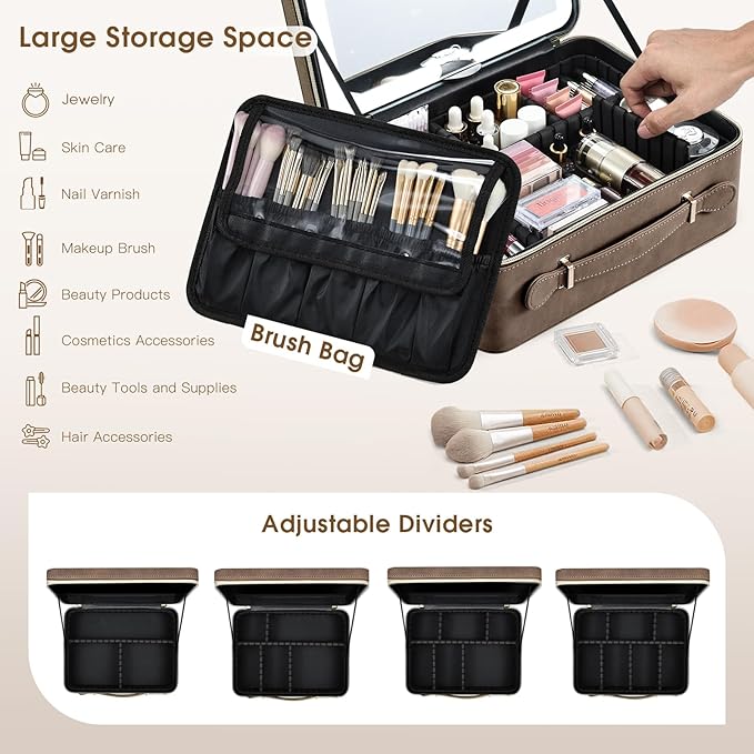 Faquenc Makeup Case with LED Lighted Mirror 11.4 Inch Travel Makeup Bag Adjustable Brightness in 3 Colors Cosmetic Organizer Artist Storage Bag with Dividers Brush Holder Bag Vanity Grey